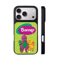 Barney logo with purple dinosaur and three cartoon dinosaur friends on green swirly background Phone Case