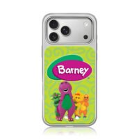 Barney logo with purple dinosaur and three cartoon dinosaur friends on green swirly background Phone Case