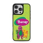 Barney logo with purple dinosaur and three cartoon dinosaur friends on green swirly background Phone Case