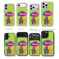 Barney logo with purple dinosaur and three cartoon dinosaur friends on green swirly background Phone Case