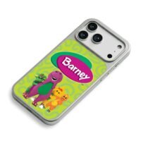 Barney logo with purple dinosaur and three cartoon dinosaur friends on green swirly background Phone Case