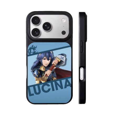 Armored swordsman Lucina with Smash logo holding sword on blue backdrop Phone Case