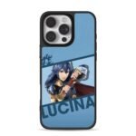 Armored swordsman Lucina with Smash logo holding sword on blue backdrop Phone Case