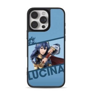 Armored swordsman Lucina with Smash logo holding sword on blue backdrop Phone Case