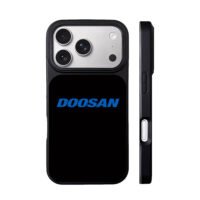 Blue DOOSAN brand logo text on plain black background Phone Case