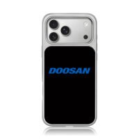 Blue DOOSAN brand logo text on plain black background Phone Case