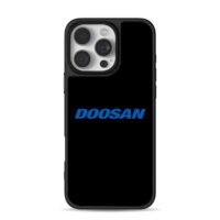 Blue DOOSAN brand logo text on plain black background Phone Case