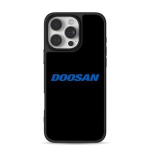 Blue DOOSAN brand logo text on plain black background Phone Case