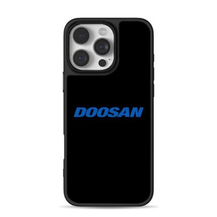 Blue DOOSAN brand logo text on plain black background Phone Case