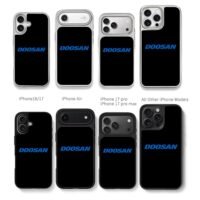 Blue DOOSAN brand logo text on plain black background Phone Case