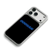 Blue DOOSAN brand logo text on plain black background Phone Case