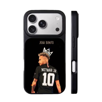 Cartoon Neymar Jr 10 jersey crown Joga Bonito text black background Phone Case