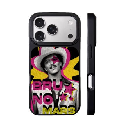 Bruno Mars artwork with cowboy hat pink star and bold text Phone Case