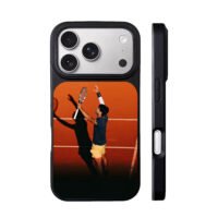 Carlos Alcaraz serving on clay tennis court Phone Case