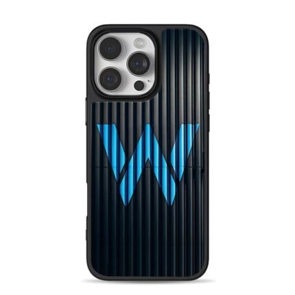 Blue bold W letter on dark corrugated striped pattern Phone Case