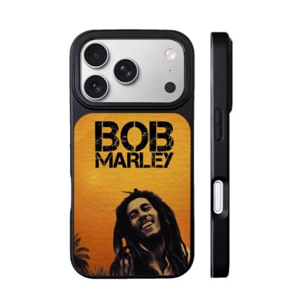 Bob Marley portrait and name on orange background Phone Case