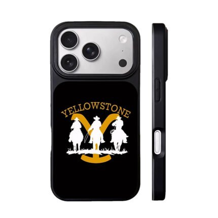 Arched Yellowstone text three cowboys on horses Phone Case