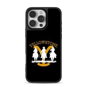 Arched Yellowstone text three cowboys on horses Phone Case