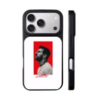 BW side profile Lionel Messi red bg Lionel script Phone Case