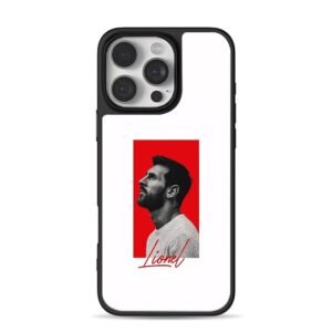 BW side profile Lionel Messi red bg Lionel script Phone Case