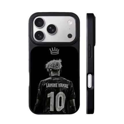 Black and white back view of Lamine Yamal 10 jersey with crown Phone Case