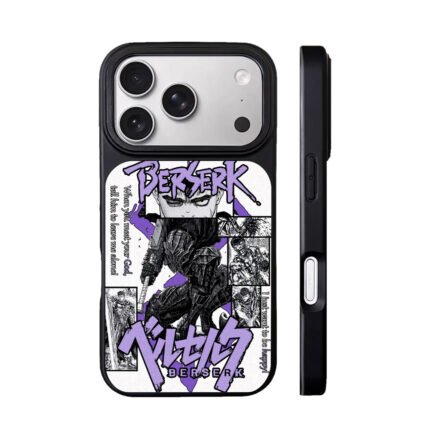 Berserk Guts black armored manga panel print with purple logos Phone Case