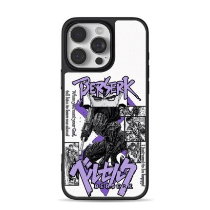 Berserk Guts black armored manga panel print with purple logos Phone Case