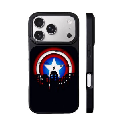 Captain America shield hero silhouette atop city Phone Case
