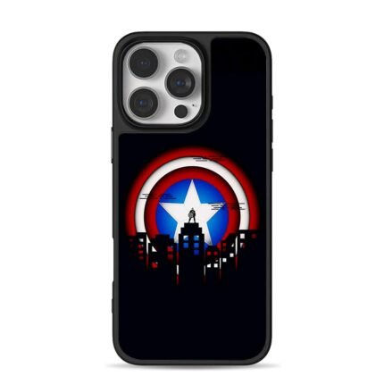 Captain America shield hero silhouette atop city Phone Case
