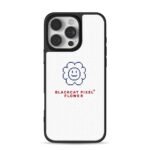Blue pixelated smiling sunflower with blackcat pixel flower text Phone Case