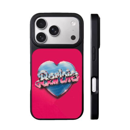 Barbie chrome text on blue heart pink background Phone Case