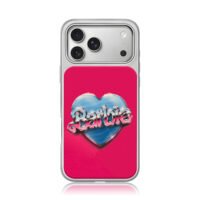 Barbie chrome text on blue heart pink background Phone Case
