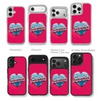 Barbie chrome text on blue heart pink background Phone Case