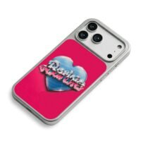 Barbie chrome text on blue heart pink background Phone Case