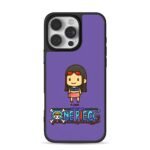 Chibi Nico Robin and One Piece logo on purple background Phone Case