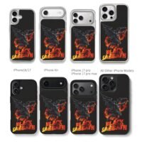 Black Sabbath fiery text with winged demon flames Phone Case