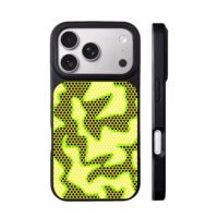 Black honeycomb flame with neon green border on yellow dotted mesh Phone Case