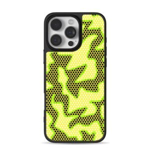 Black honeycomb flame with neon green border on yellow dotted mesh Phone Case