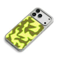 Black honeycomb flame with neon green border on yellow dotted mesh Phone Case