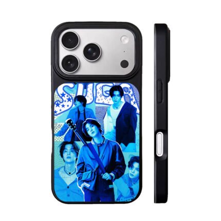 Blue collage of BTS Suga with SUGA text guitar stars Phone Case
