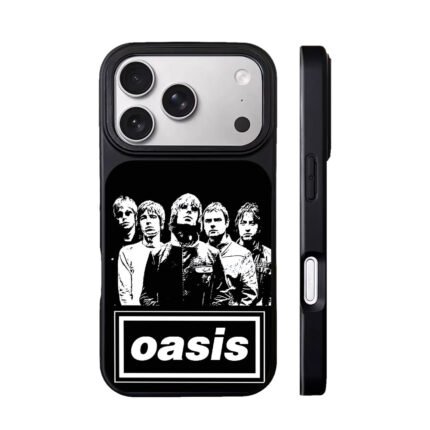 Black and white print of Oasis band members and their official band logo Phone Case