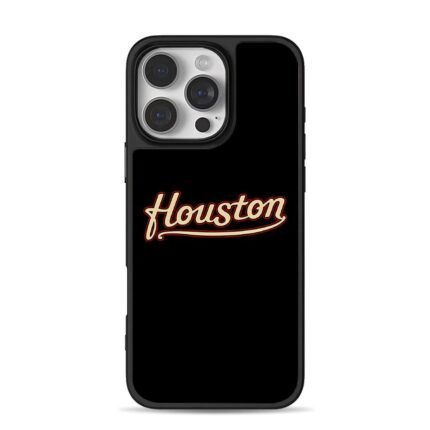 Beige cursive Houston text with red outline on black Phone Case
