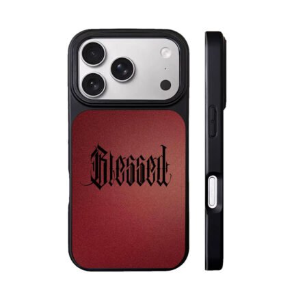 Black gothic Blessed text on dark maroon backdrop Phone Case