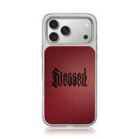 Black gothic Blessed text on dark maroon backdrop Phone Case