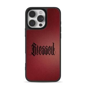 Black gothic Blessed text on dark maroon backdrop Phone Case