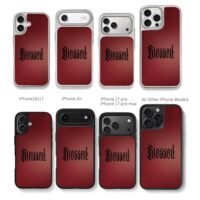 Black gothic Blessed text on dark maroon backdrop Phone Case