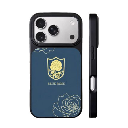 Blue rose text golden shield line roses dark blue Phone Case