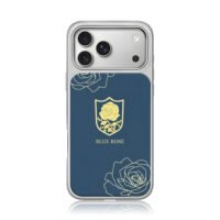 Blue rose text golden shield line roses dark blue Phone Case