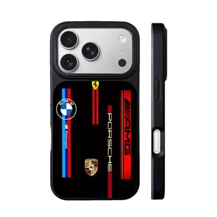 BMW Ferrari Porsche AMG BMW Motorsport logos on black background Phone Case