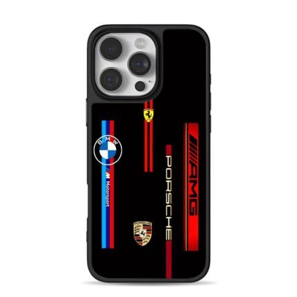 BMW Ferrari Porsche AMG BMW Motorsport logos on black background Phone Case